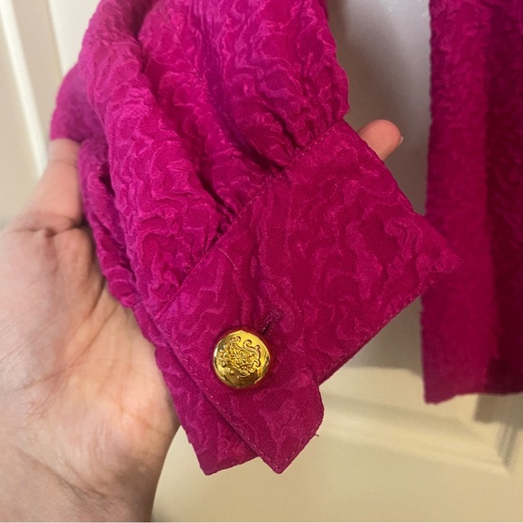 Vintage Silk Pink Button-Up Statement Shoulder Barbiecore Long Sleeve Blouse 10 - Picture 9 of 14